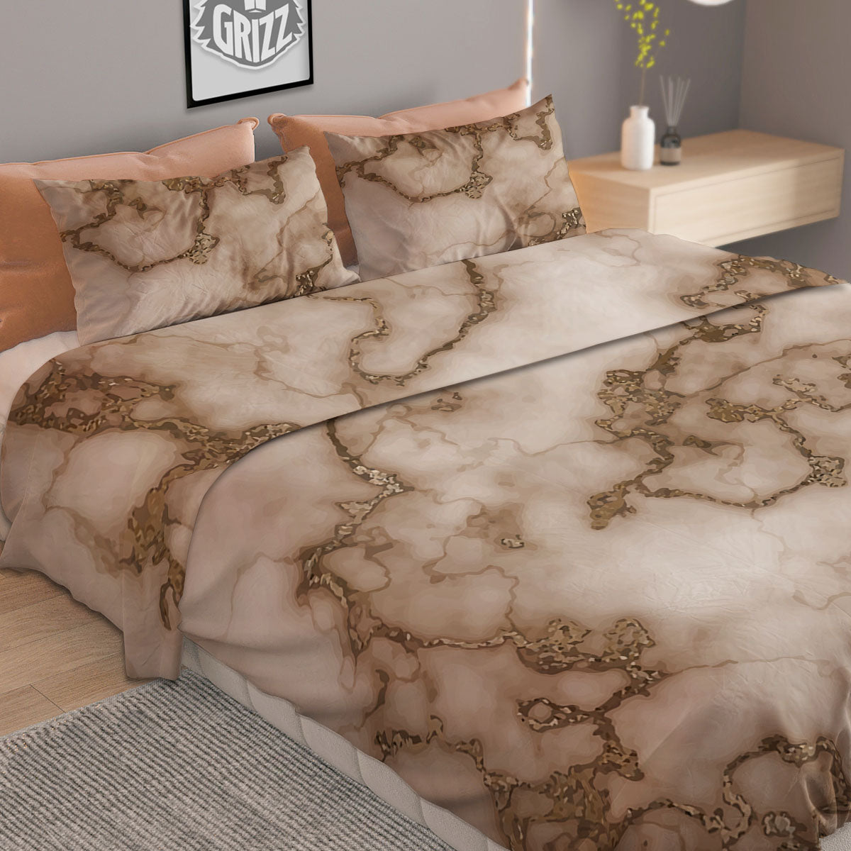 Grunge Marble White Brown Print Pattern Duvet Cover Bedding Set