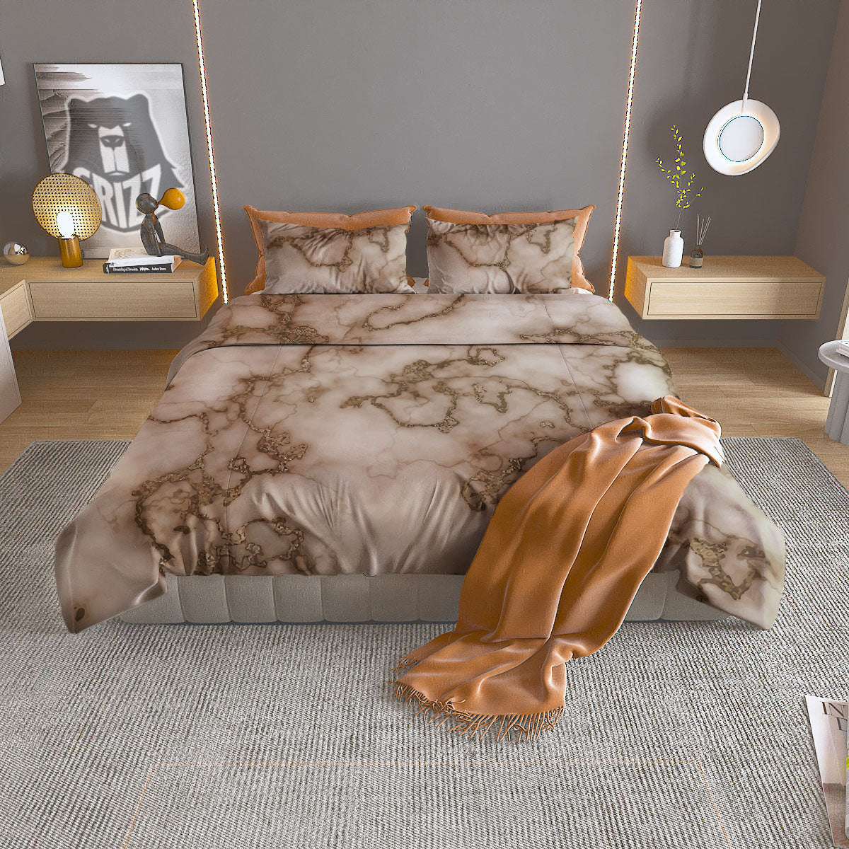 Grunge Marble White Brown Print Pattern Duvet Cover Bedding Set
