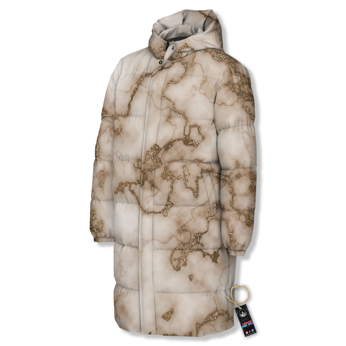 Grunge Marble White Brown Print Pattern Long Down Jacket-grizzshop