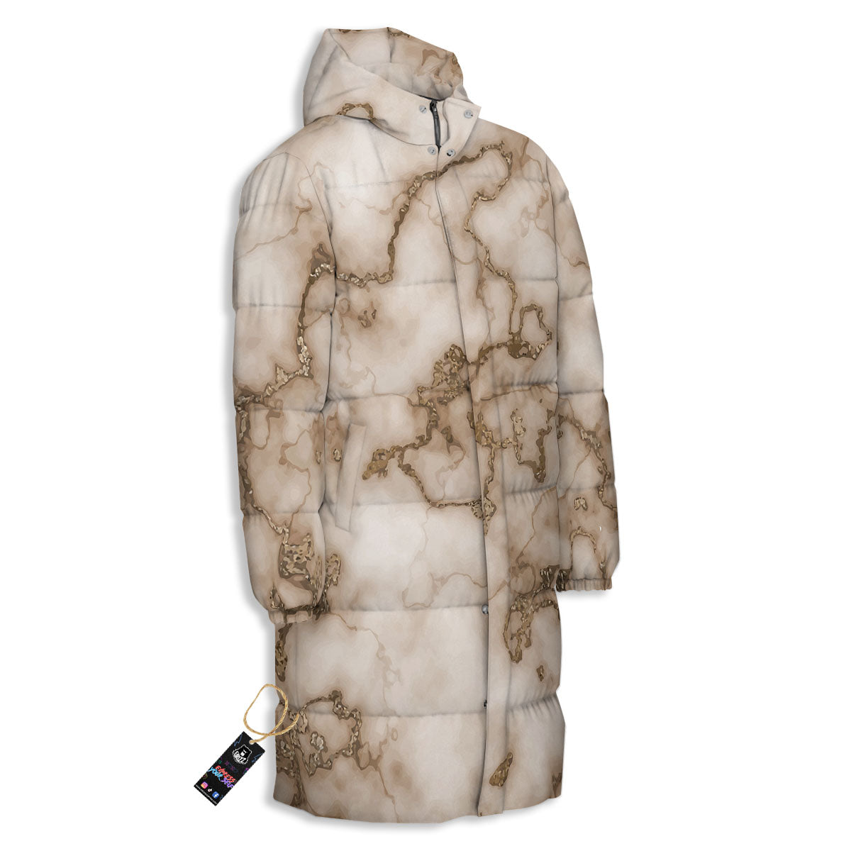 Grunge Marble White Brown Print Pattern Long Down Jacket-grizzshop