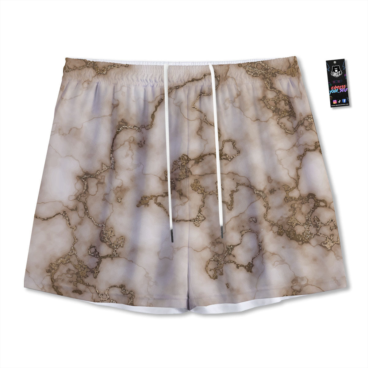 Grunge Marble White Brown Print Pattern Mesh Shorts