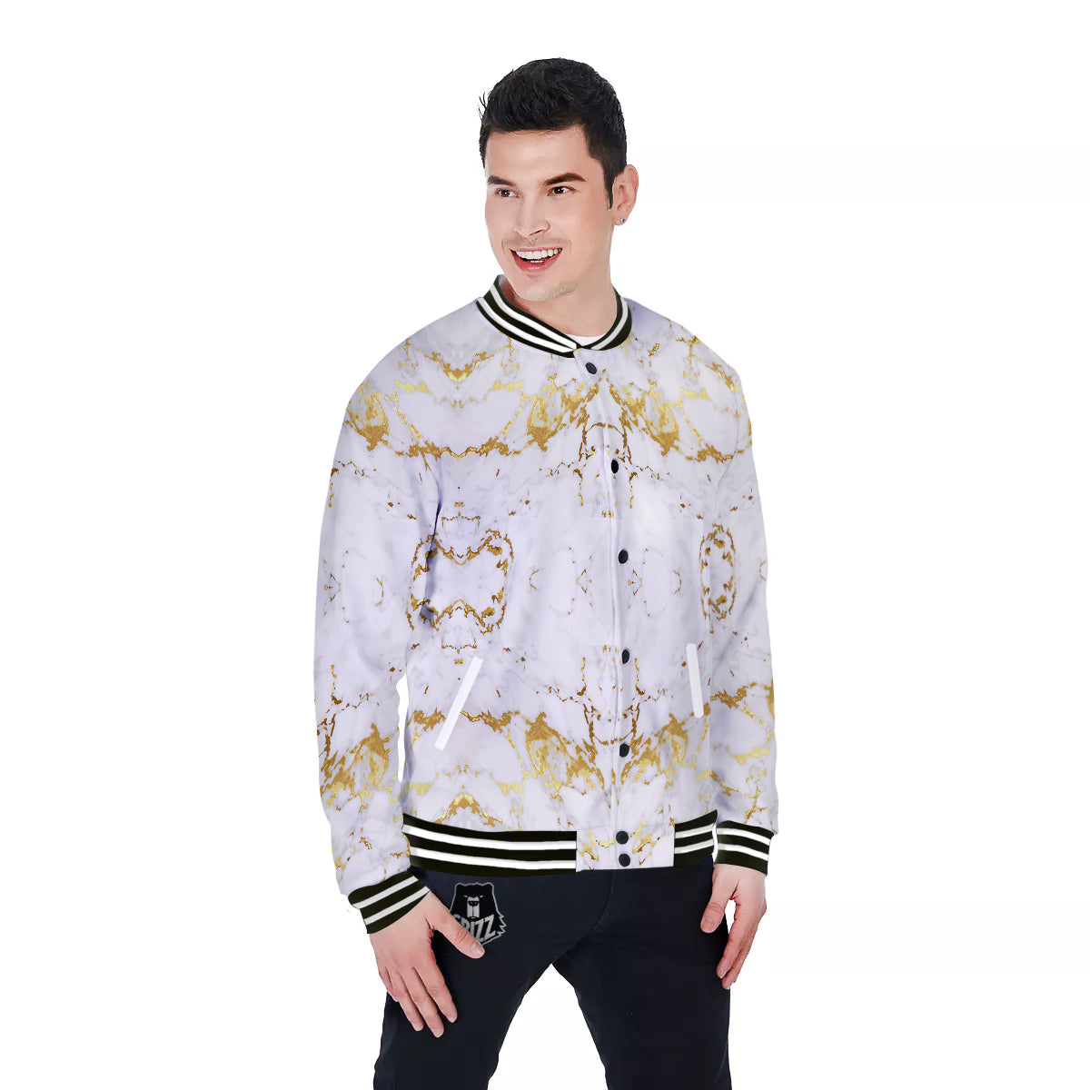 Grunge Marble White Gold Print Pattern Baseball Jacket-grizzshop