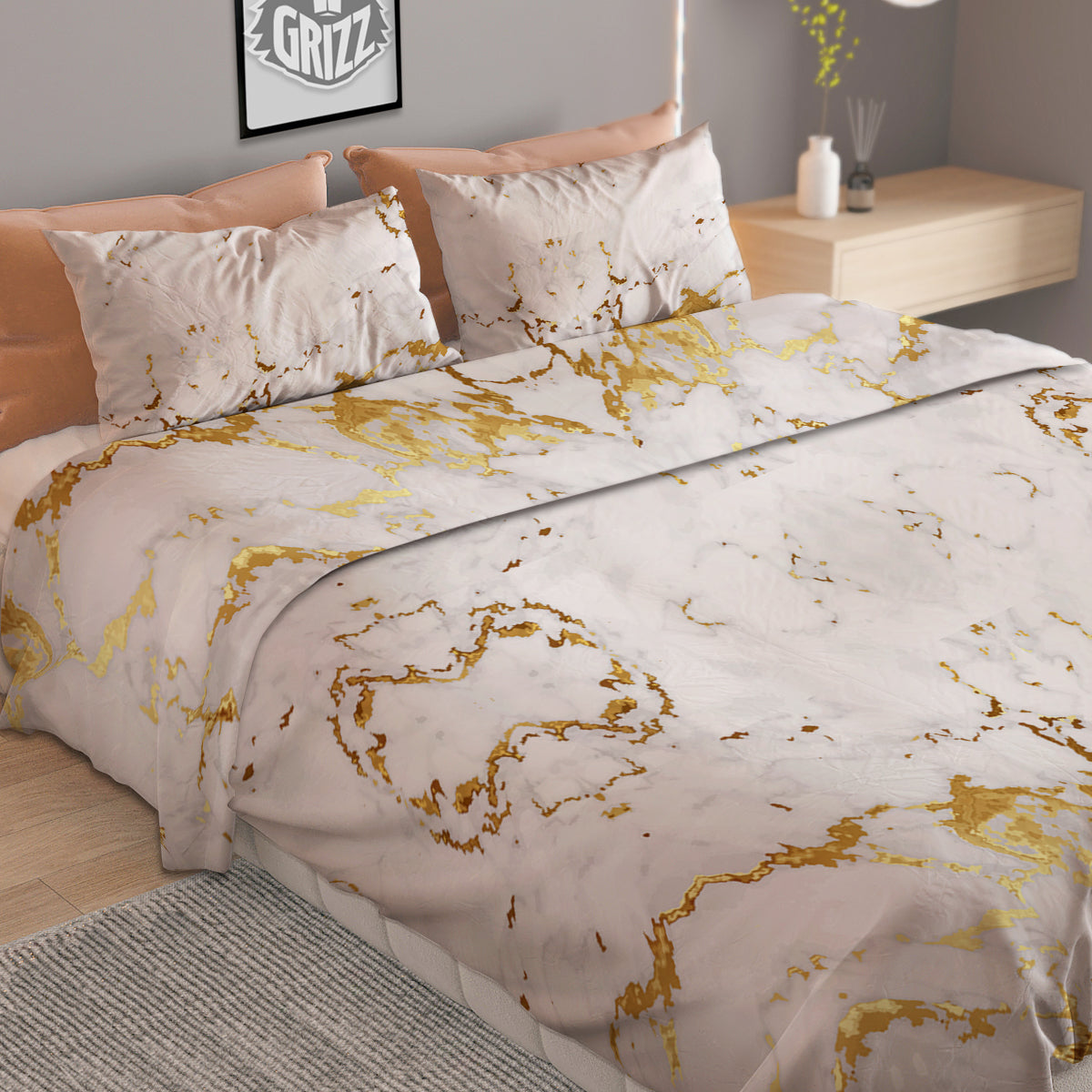 Grunge Marble White Gold Print Pattern Duvet Cover Bedding Set
