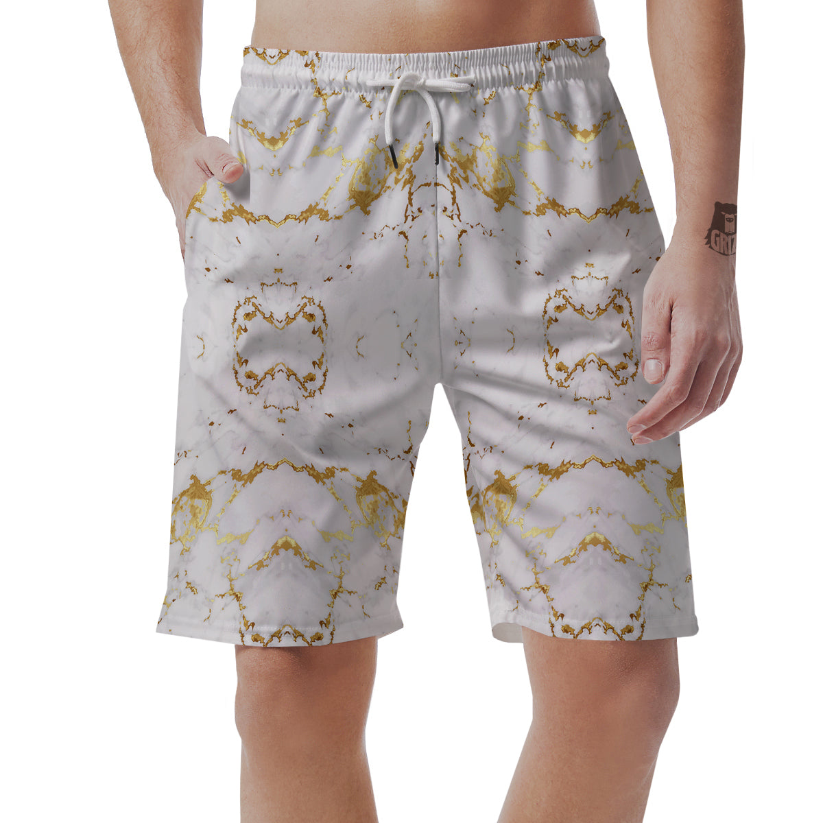 Grunge Marble White Gold Print Pattern Men's Shorts-grizzshop