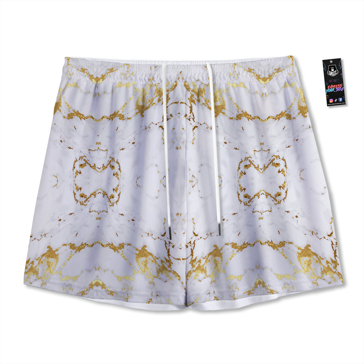 Grunge Marble White Gold Print Pattern Mesh Shorts