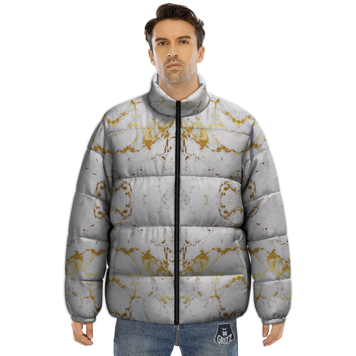 Grunge Marble White Gold Print Pattern Puffer Jacket-grizzshop