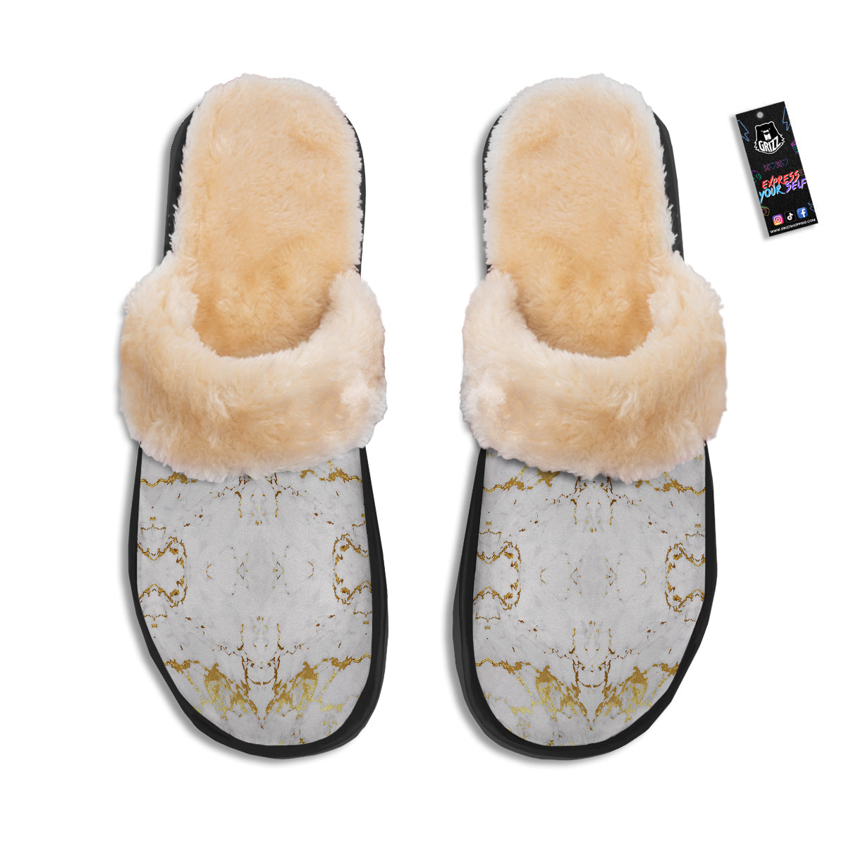 Grunge Marble White Gold Print Pattern Slippers-grizzshop