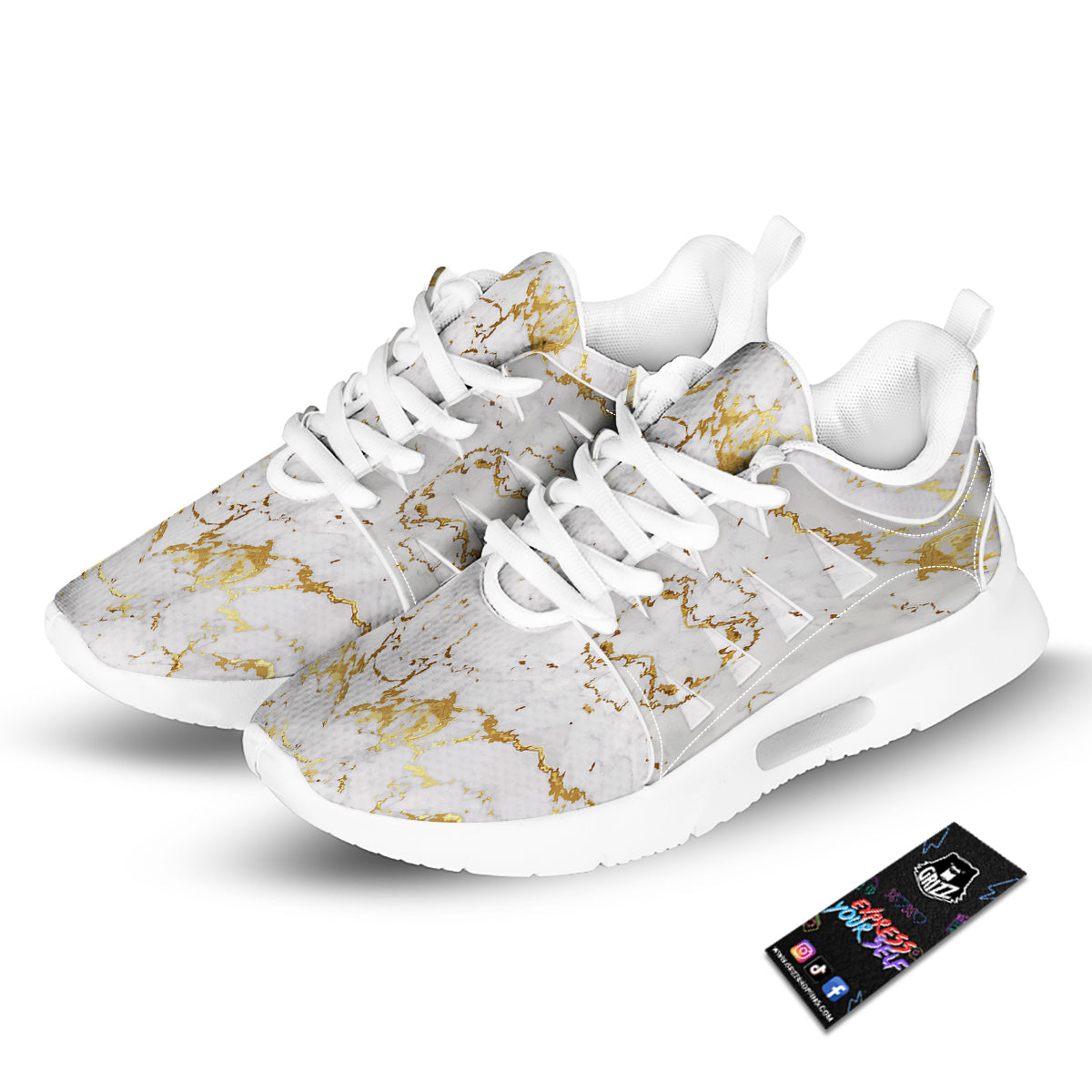 Grunge Marble White Gold Print Pattern Tennis Shoes-grizzshop