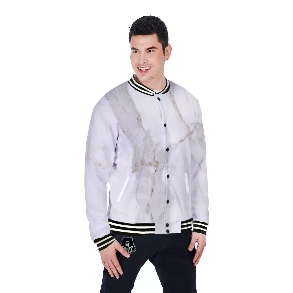Grunge Marble White Print Pattern Baseball Jacket-grizzshop