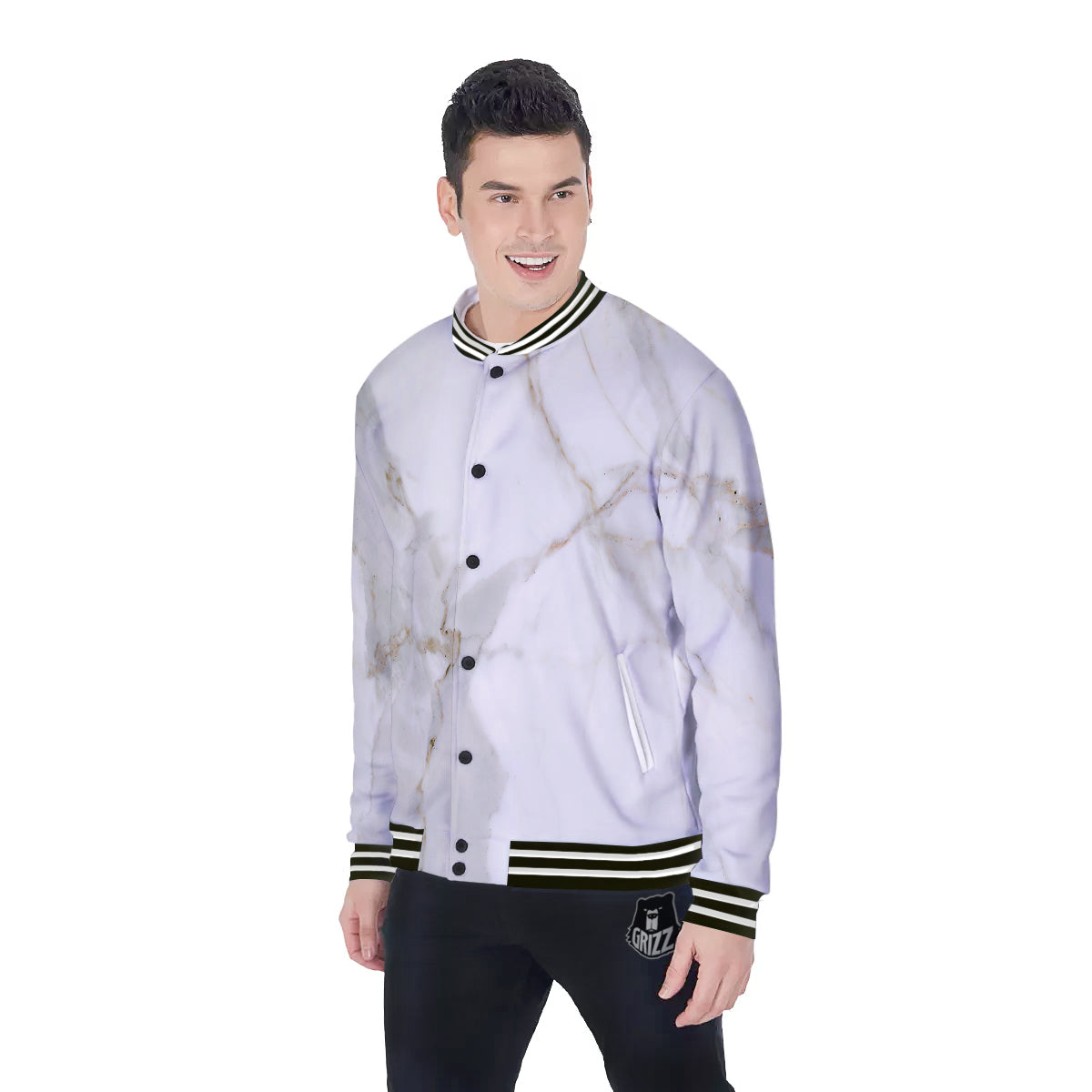 Grunge Marble White Print Pattern Baseball Jacket-grizzshop