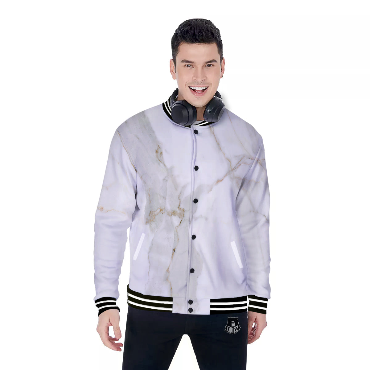 Grunge Marble White Print Pattern Baseball Jacket-grizzshop