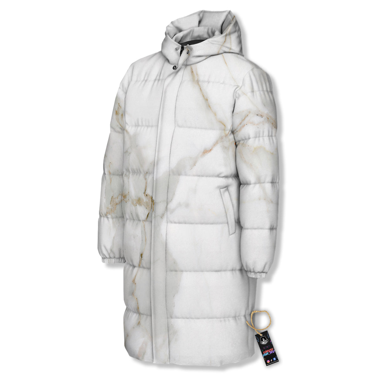 Grunge Marble White Print Pattern Long Down Jacket-grizzshop