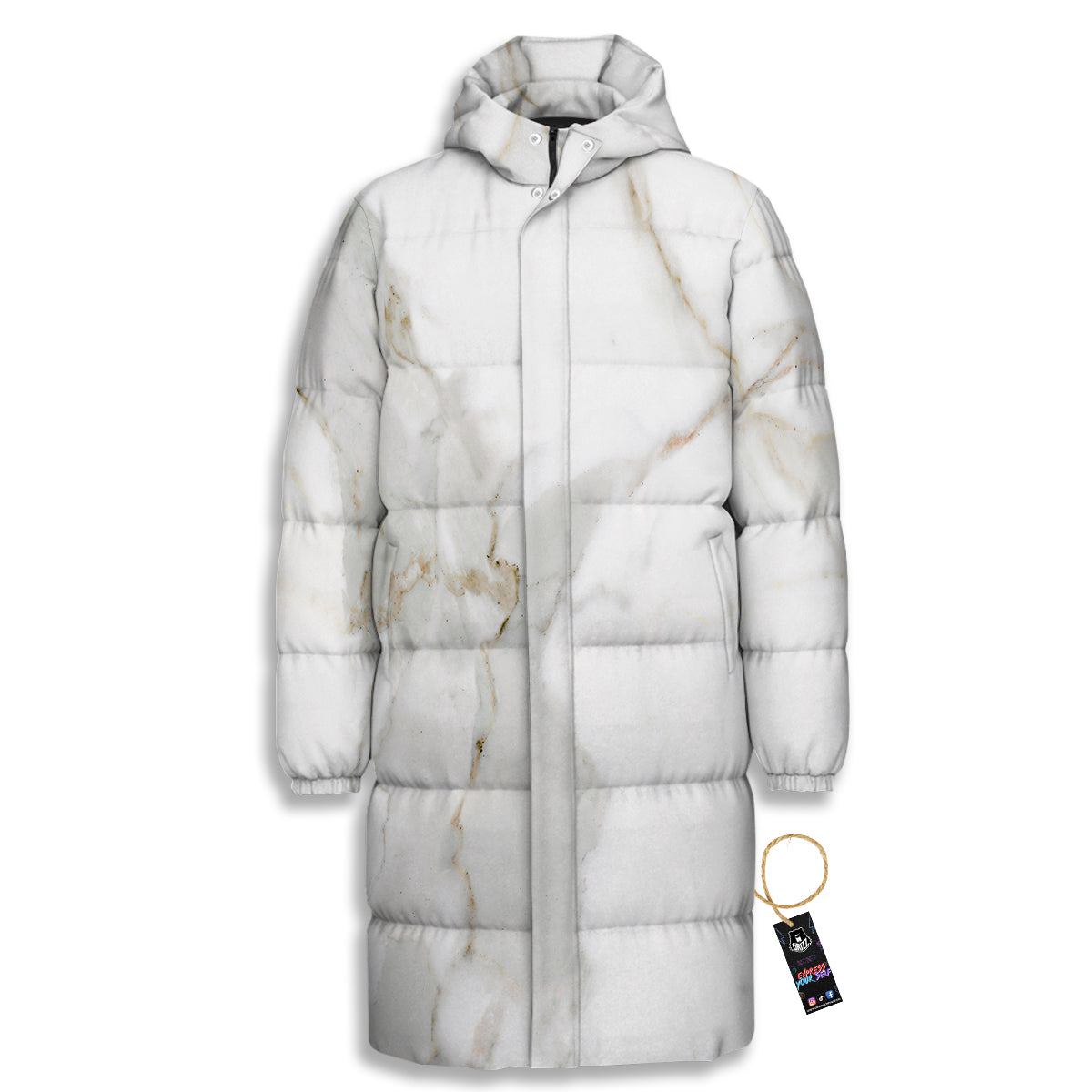 Grunge Marble White Print Pattern Long Down Jacket-grizzshop