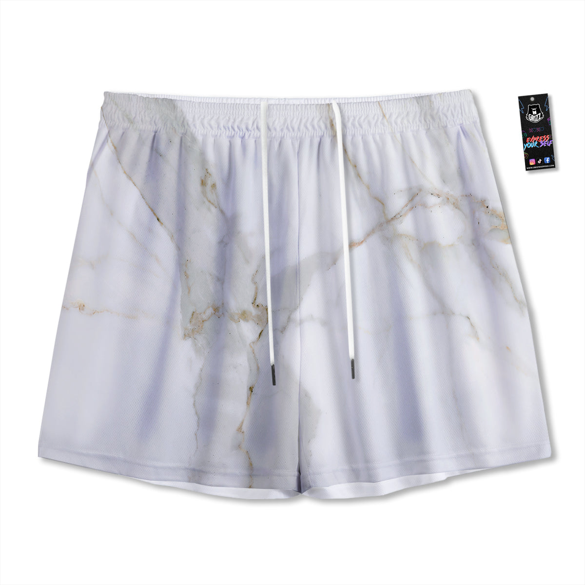Grunge Marble White Print Pattern Mesh Shorts