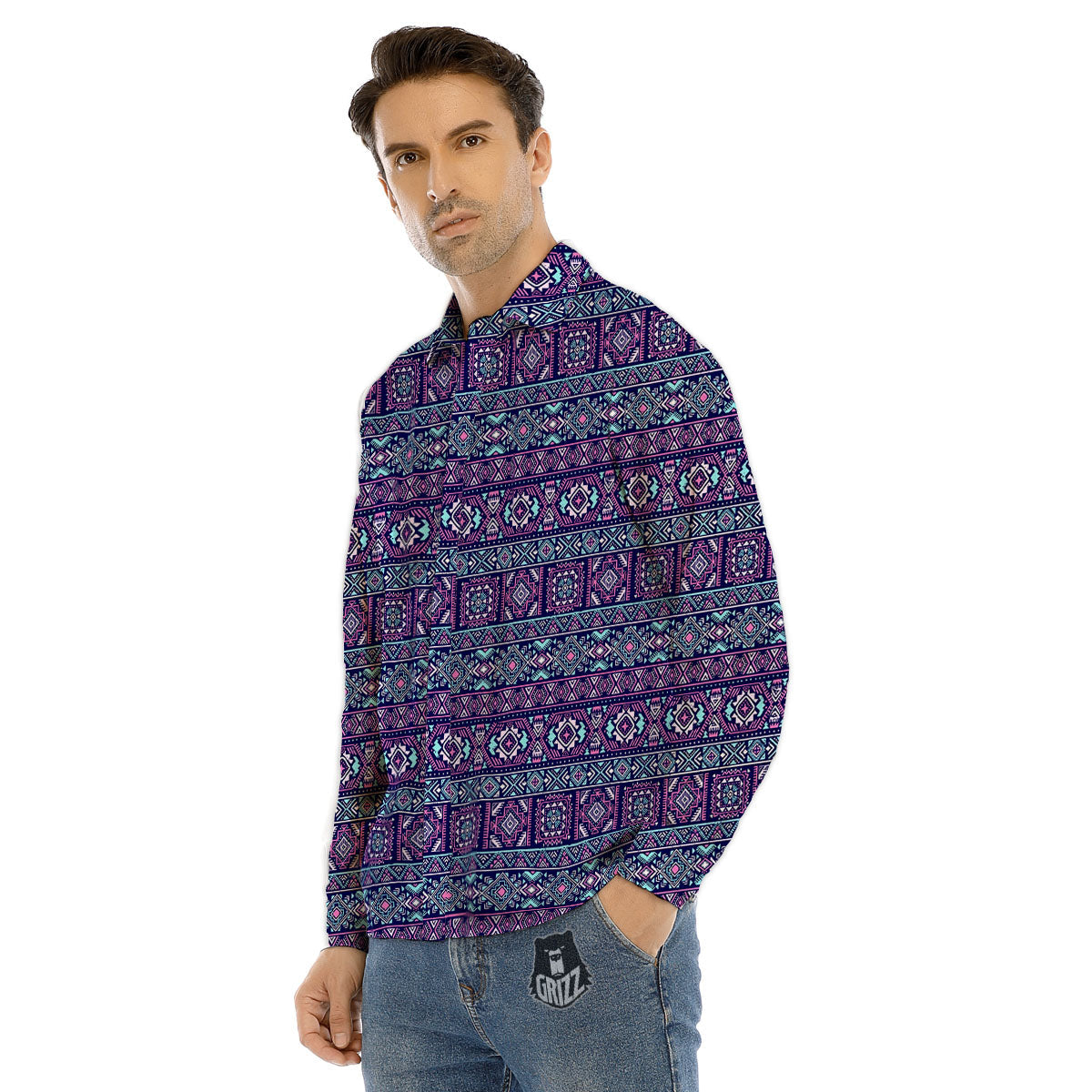 Grunge Trippy Ethnic Aztec Print Men's Dress Shirts-grizzshop