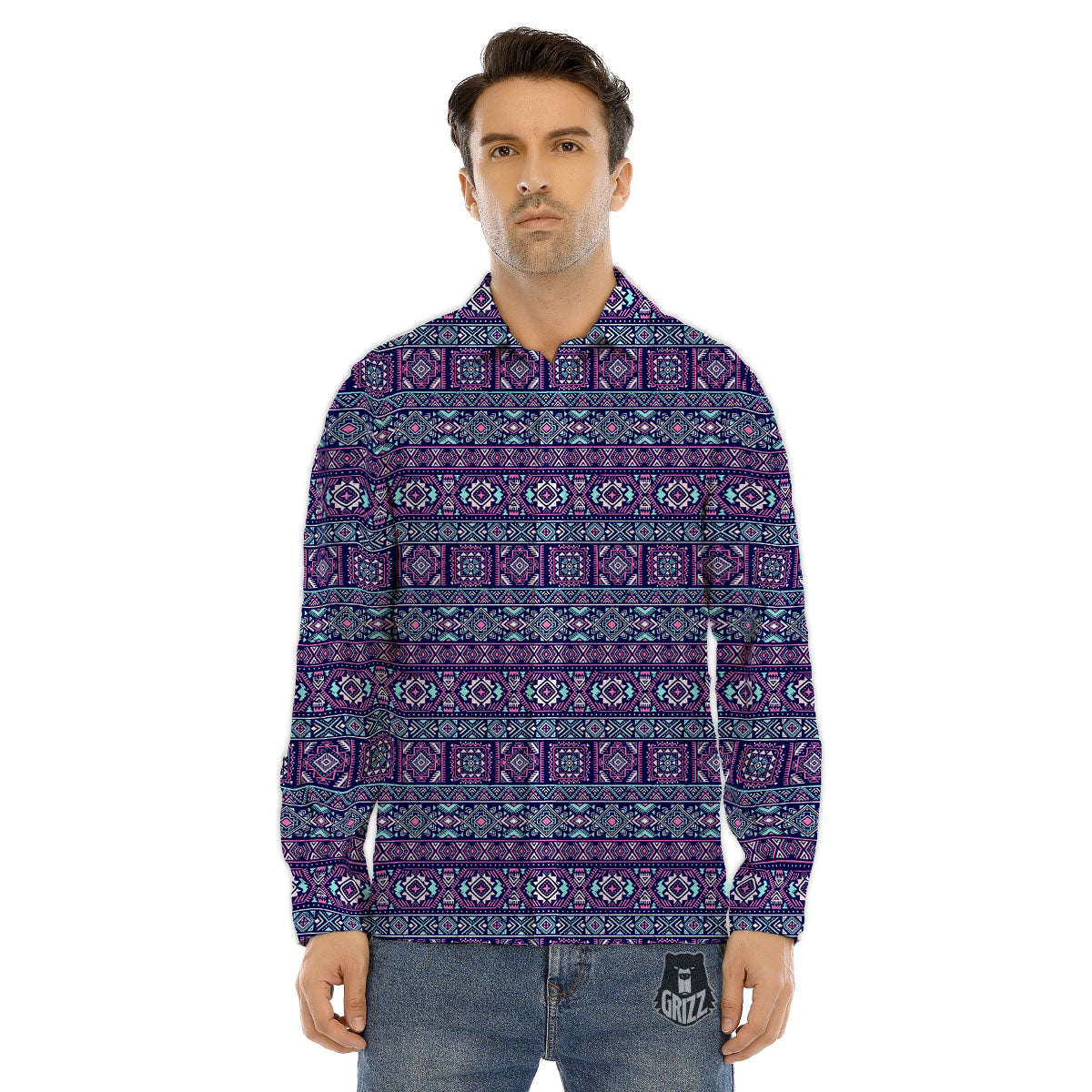 Grunge Trippy Ethnic Aztec Print Men's Dress Shirts-grizzshop