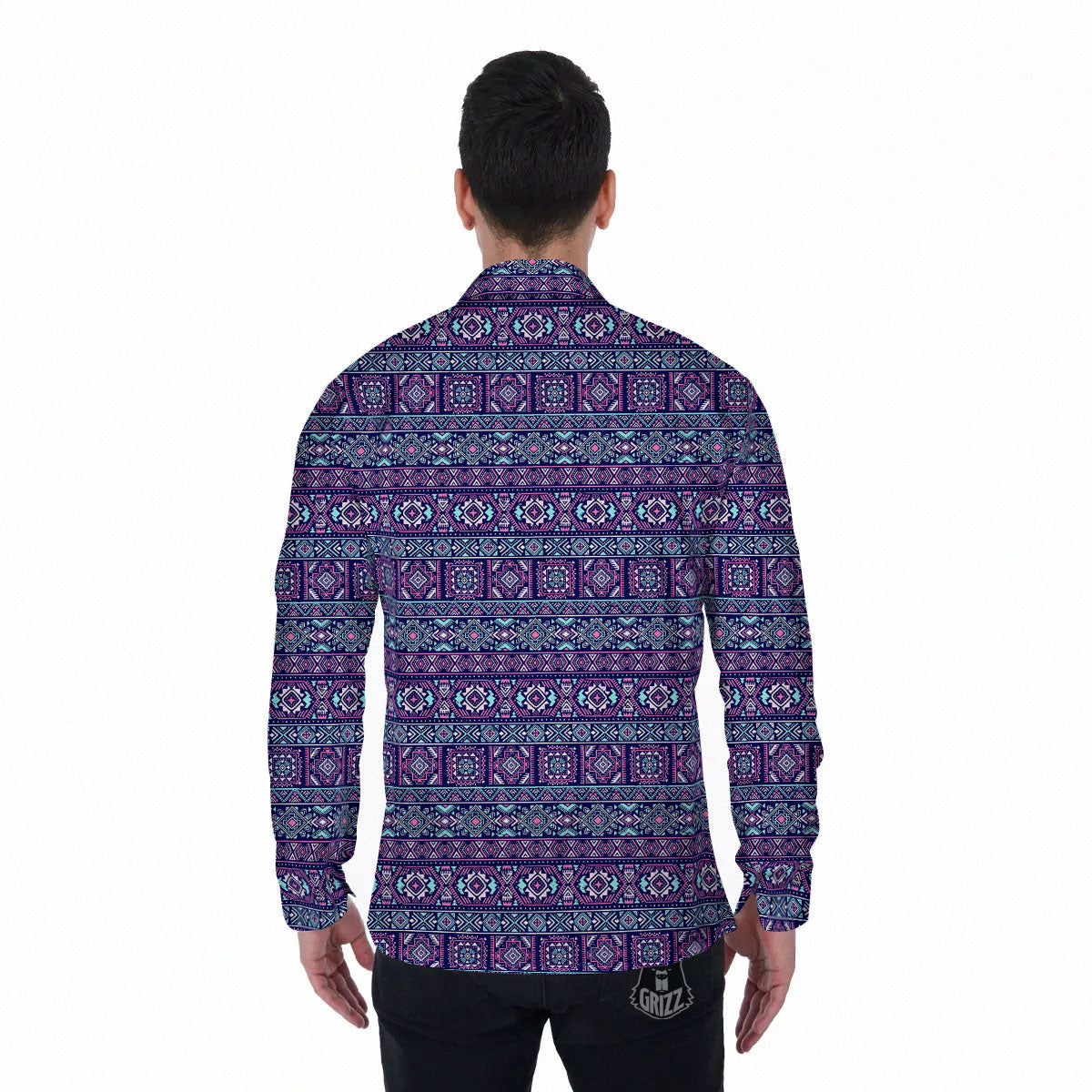 Grunge Trippy Ethnic Aztec Print Men's Long Sleeve Shirts-grizzshop