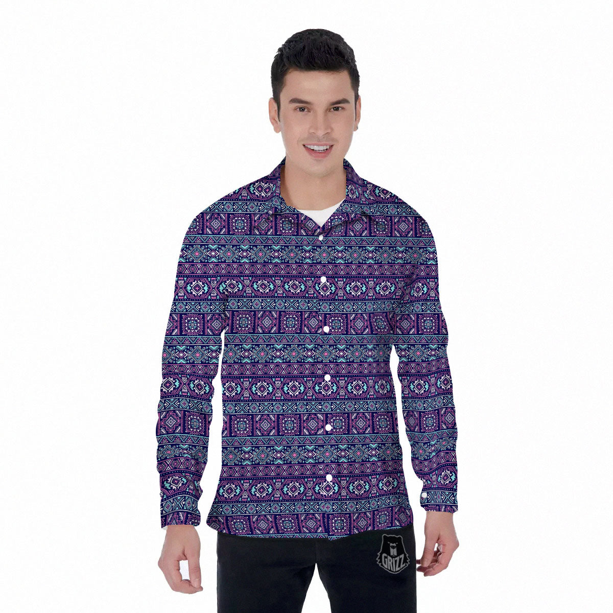 Grunge Trippy Ethnic Aztec Print Men's Long Sleeve Shirts-grizzshop