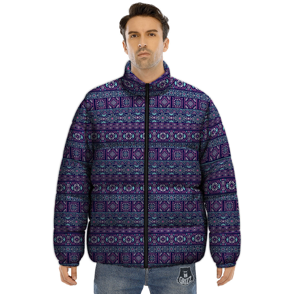 Grunge Trippy Ethnic Aztec Print Puffer Jacket-grizzshop