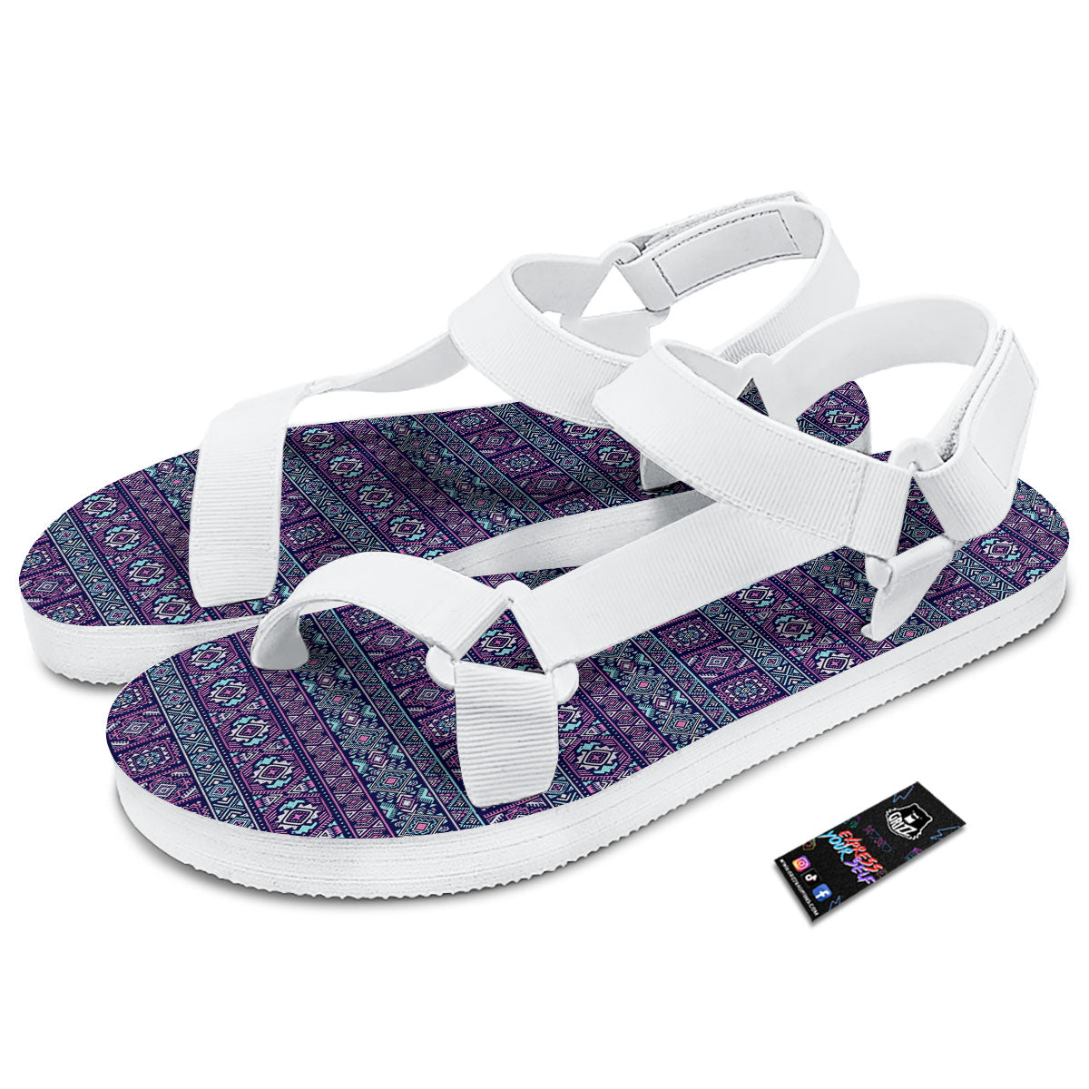 Grunge Trippy Ethnic Aztec Print White Open Toe Sandals-grizzshop