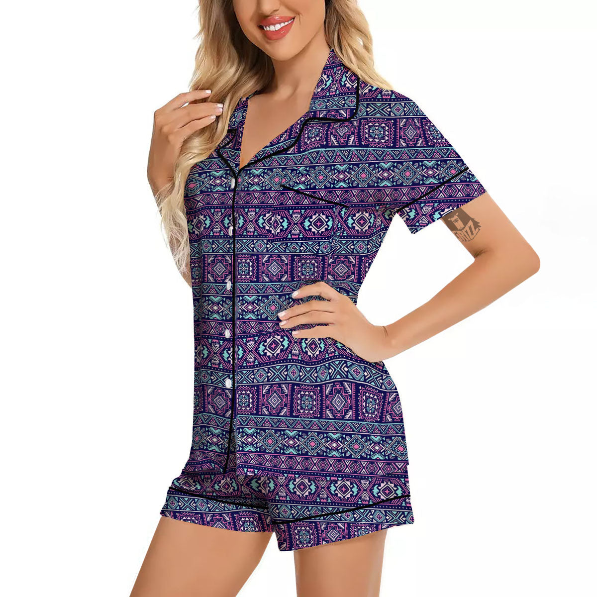 Grunge Trippy Ethnic Aztec Print Women Silk Pajamas-grizzshop
