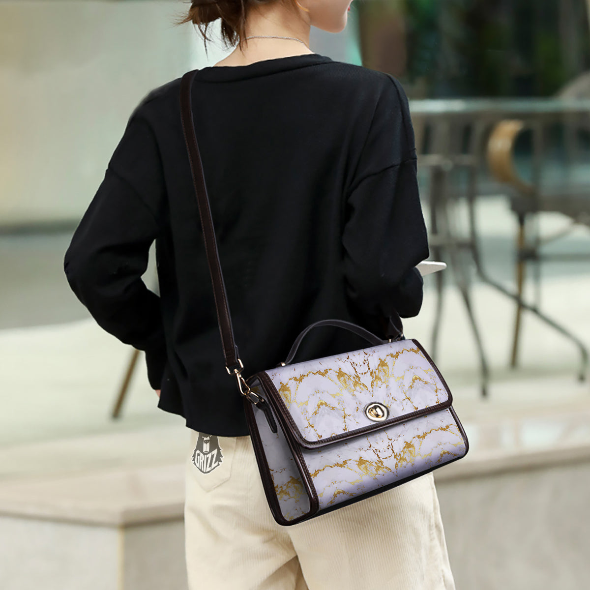 Grunge Marble White Gold Print Pattern Women's Satchel Bag