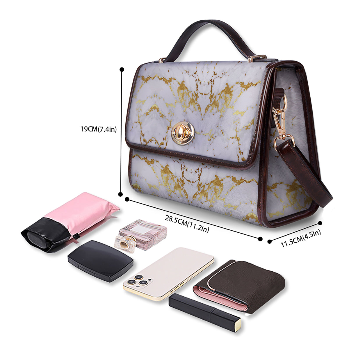 Grunge Marble White Gold Print Pattern Women's Satchel Bag
