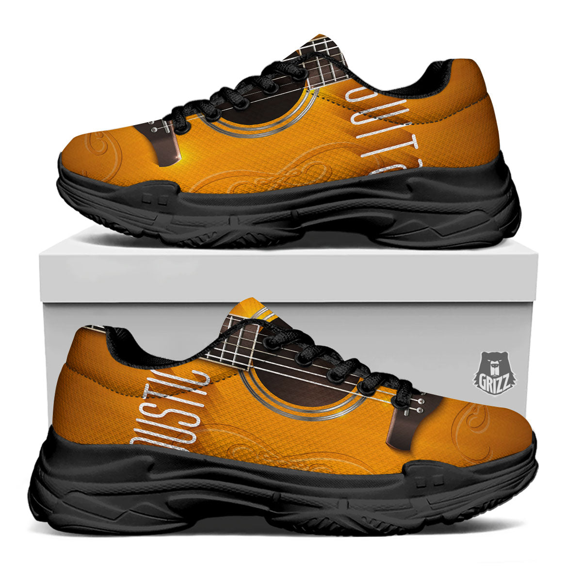 Guitar Acoustic Print Black Chunky Shoes-grizzshop