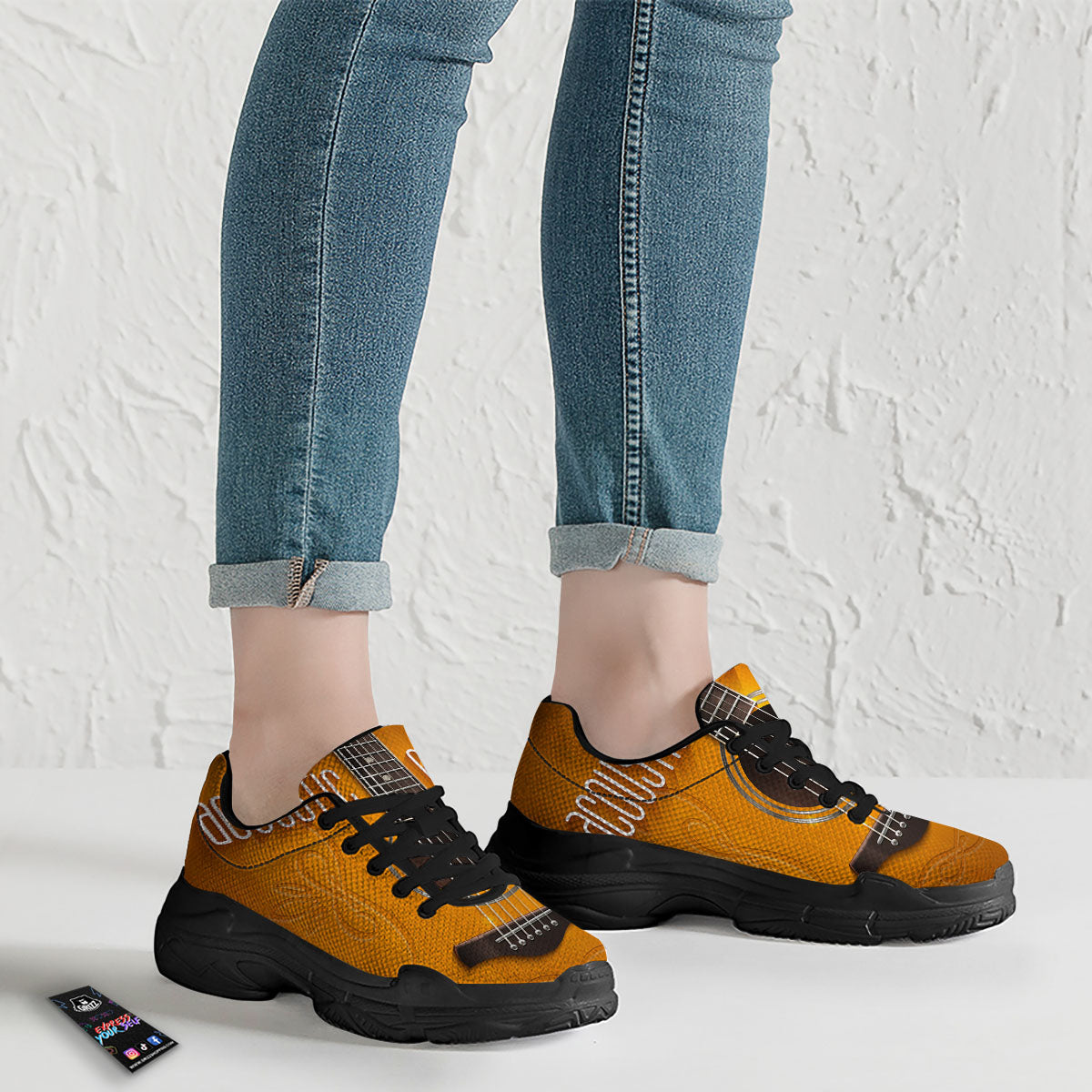 Guitar Acoustic Print Black Chunky Shoes-grizzshop