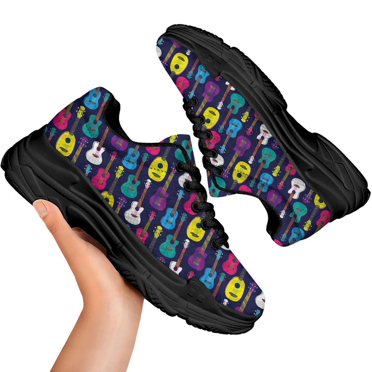 Guitar Colorful Print Pattern Black Chunky Shoes-grizzshop