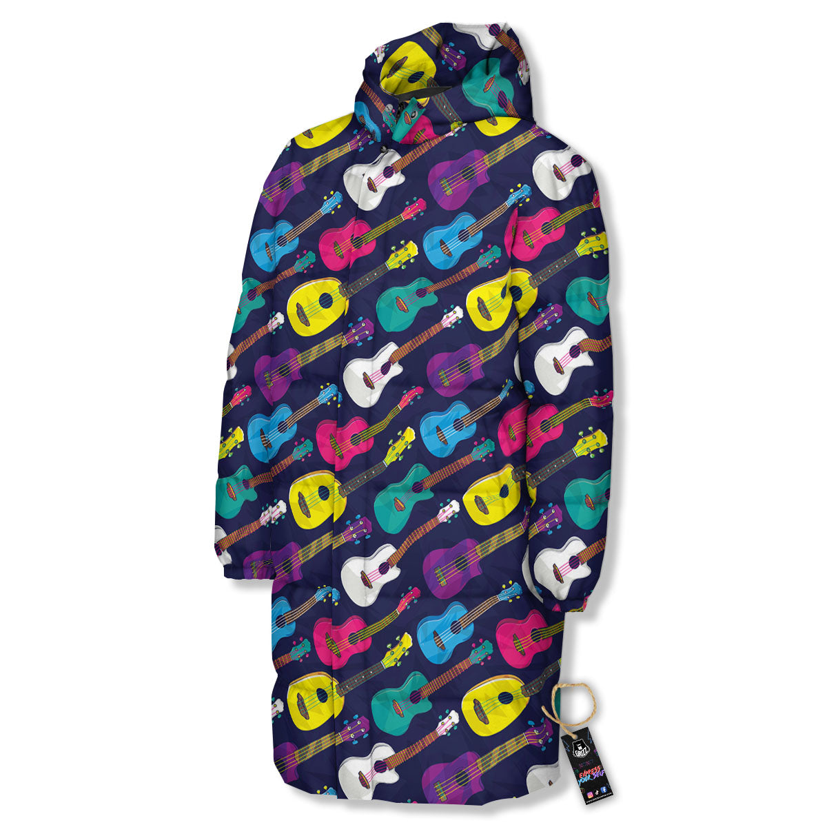 Guitar Colorful Print Pattern Long Down Jacket-grizzshop