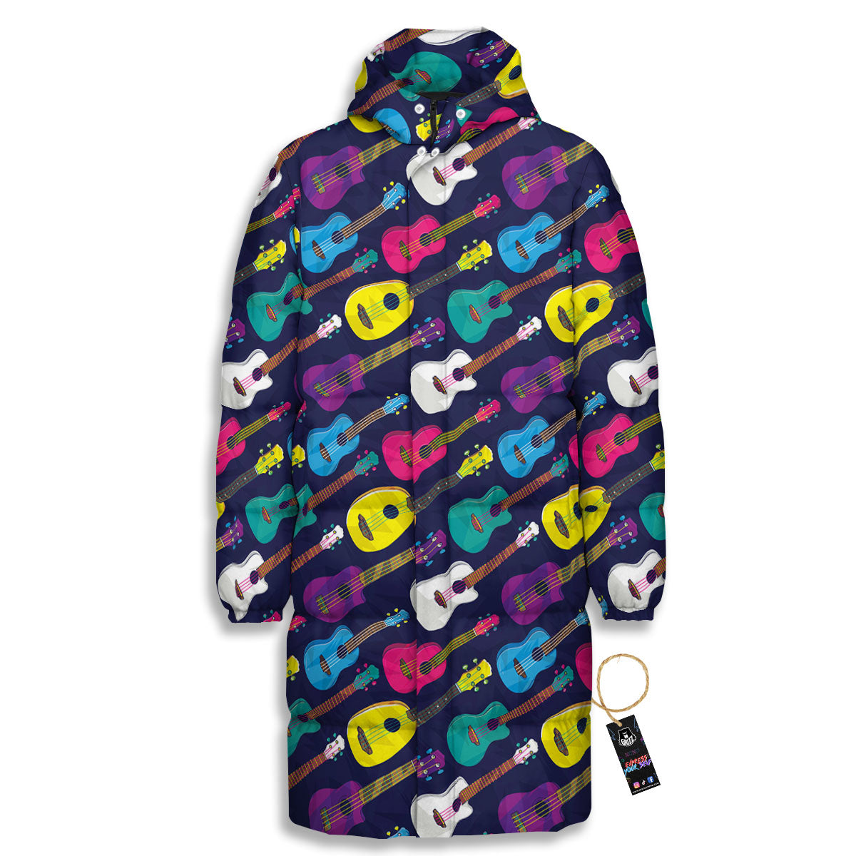 Guitar Colorful Print Pattern Long Down Jacket-grizzshop