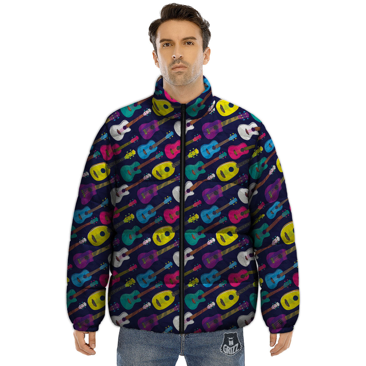 Guitar Colorful Print Pattern Puffer Jacket-grizzshop