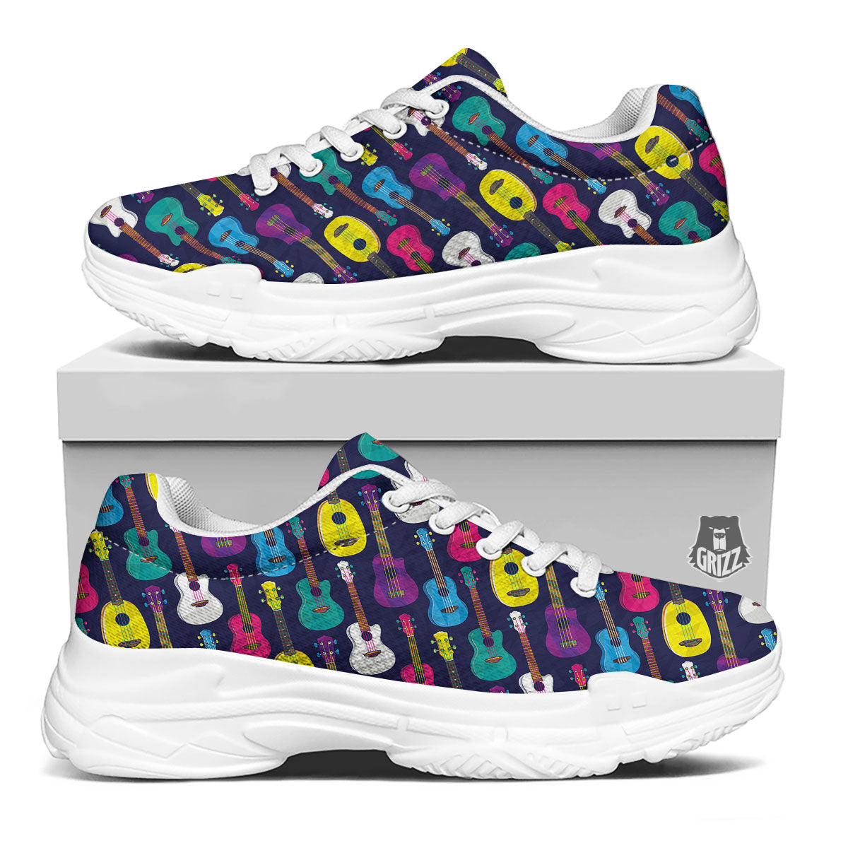 Guitar Colorful Print Pattern White Chunky Shoes-grizzshop