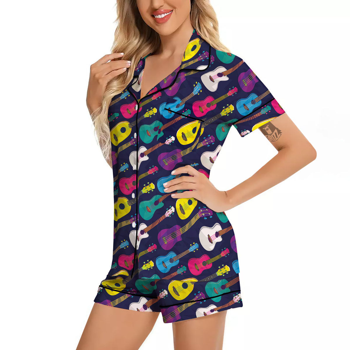 Guitar Colorful Print Pattern Women Silk Pajamas-grizzshop