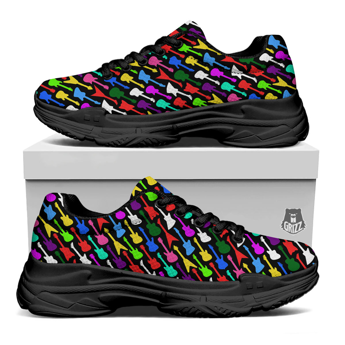 Guitars Colorful Print Pattern Black Chunky Shoes-grizzshop