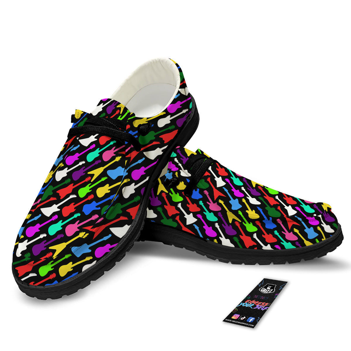 Guitars Colorful Print Pattern Black Loafers-grizzshop