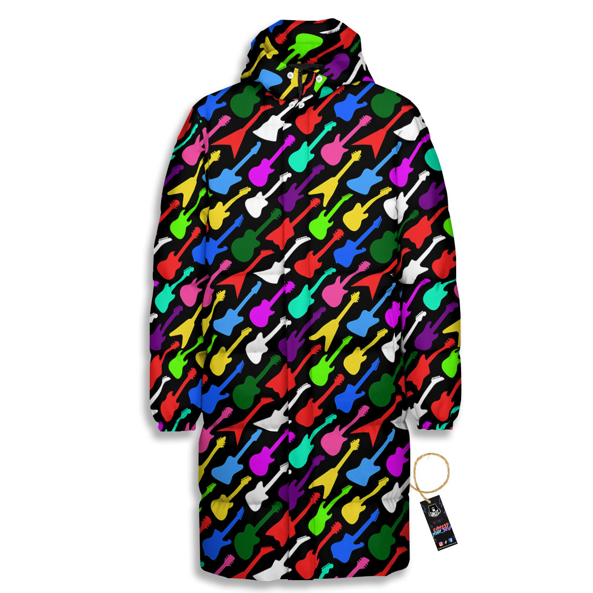 Guitars Colorful Print Pattern Long Down Jacket-grizzshop