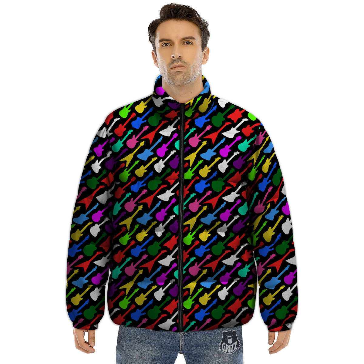 Guitars Colorful Print Pattern Puffer Jacket-grizzshop