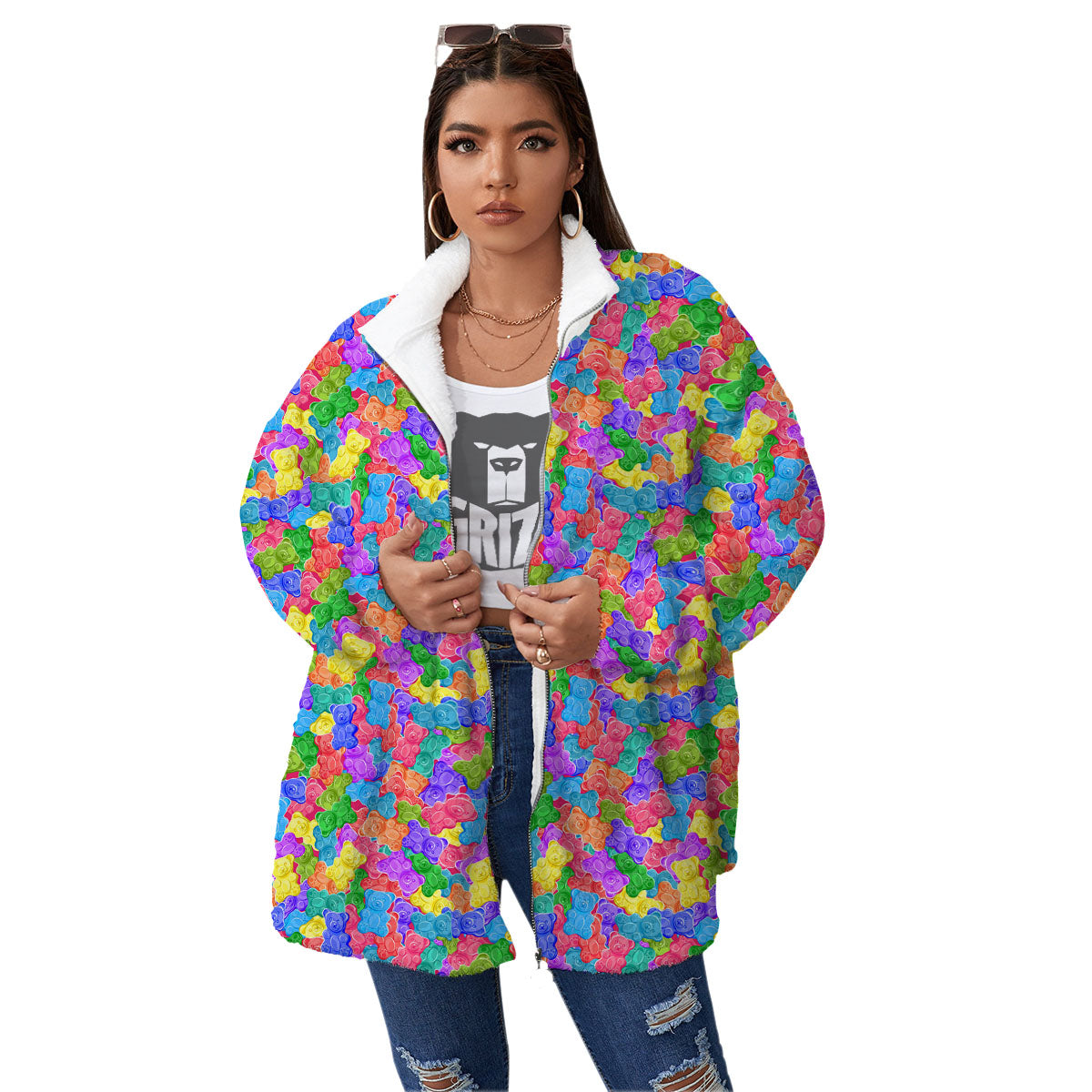 Gummy Bear Colorful Print Women's Sherpa Jacket-grizzshop