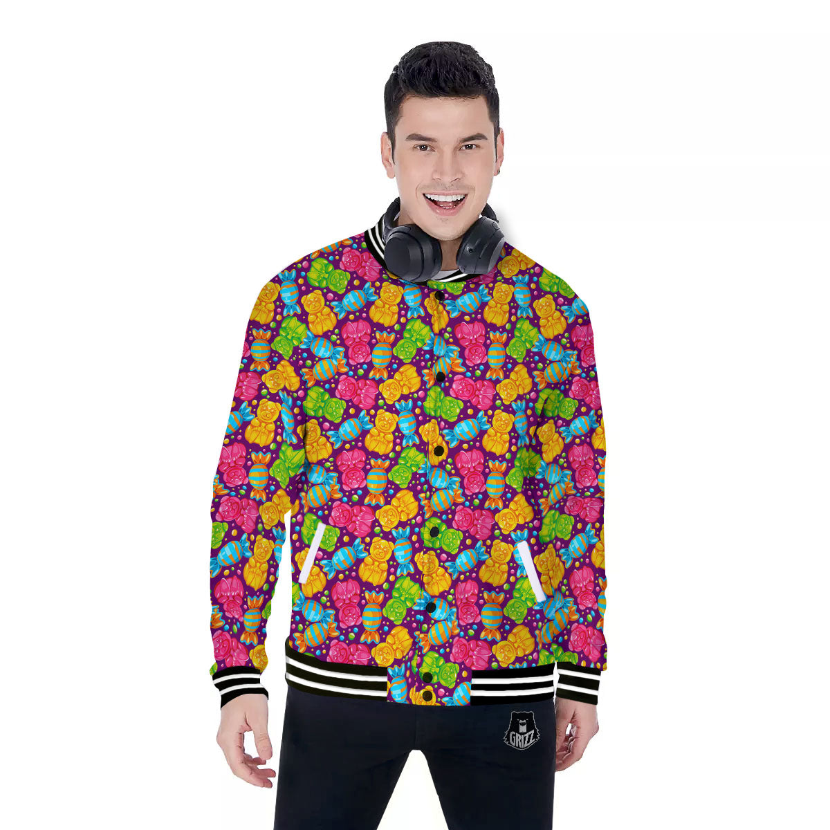 Gummy Colorful Print Baseball Jacket-grizzshop