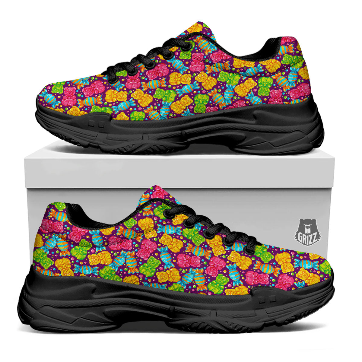 Gummy Colorful Print Black Chunky Shoes-grizzshop