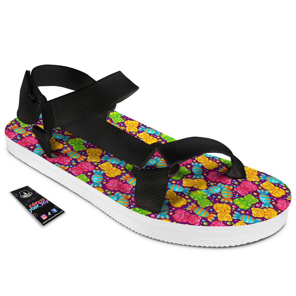 Gummy Colorful Print Black Open Toe Sandals-grizzshop