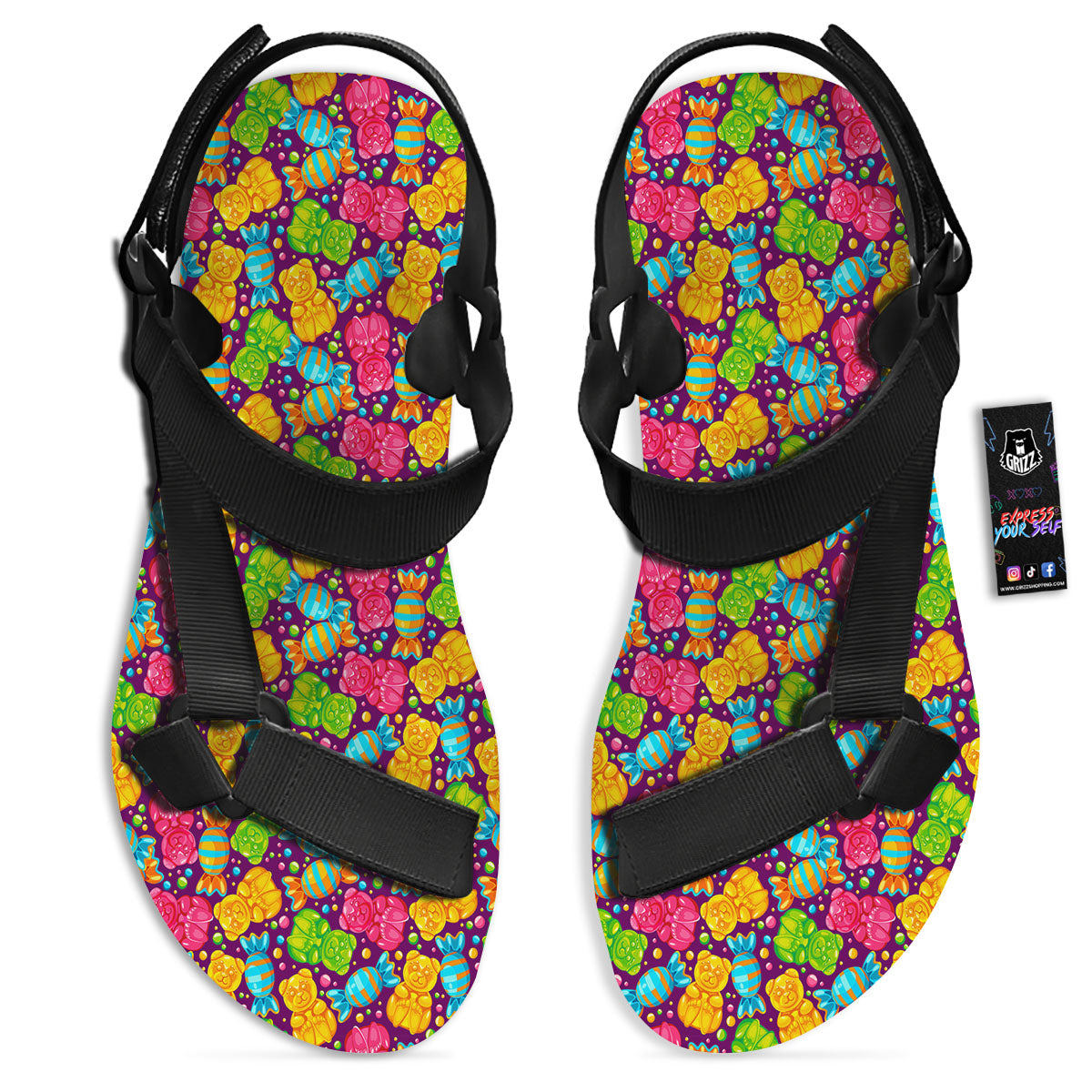 Gummy Colorful Print Black Open Toe Sandals-grizzshop
