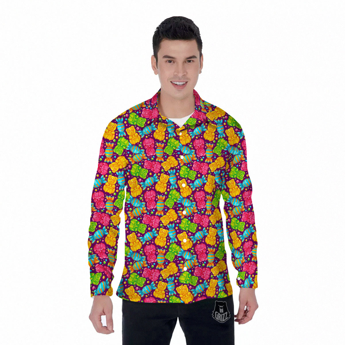 Gummy Colorful Print Men's Long Sleeve Shirts-grizzshop