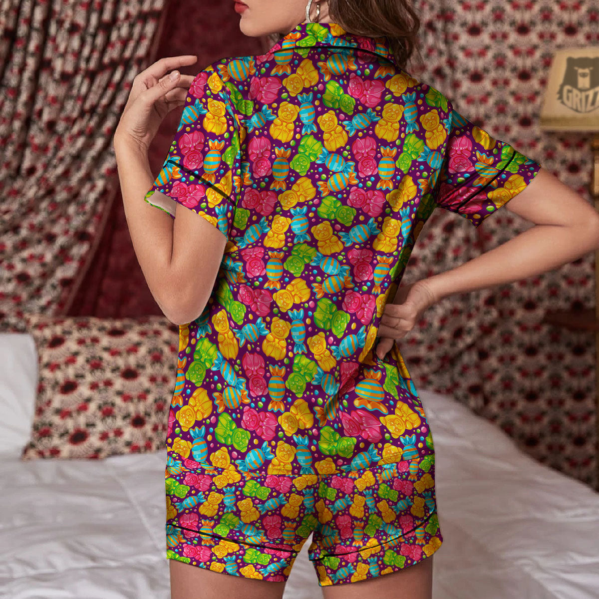 Gummy Colorful Print Women Silk Pajamas-grizzshop