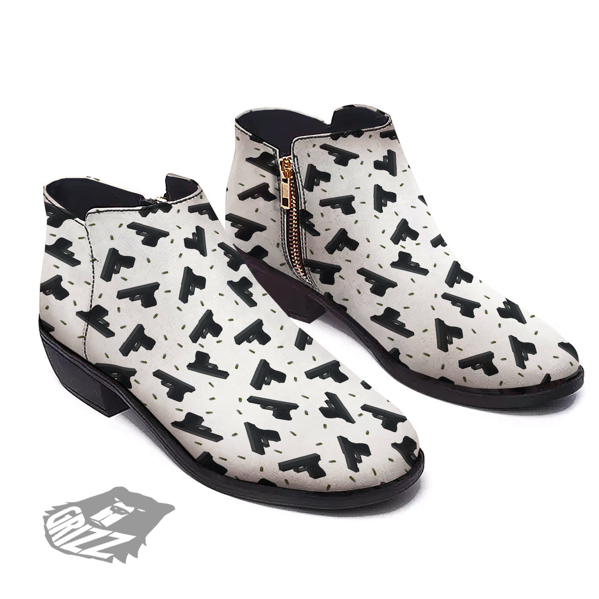 Gun Bullet White And Black Print Pattern Ankle Boots-grizzshop