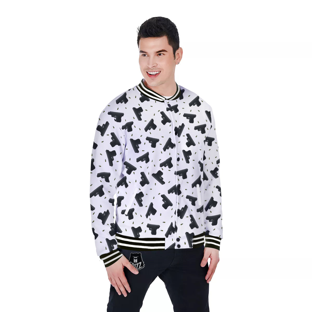 Gun Bullet White And Black Print Pattern Baseball Jacket-grizzshop