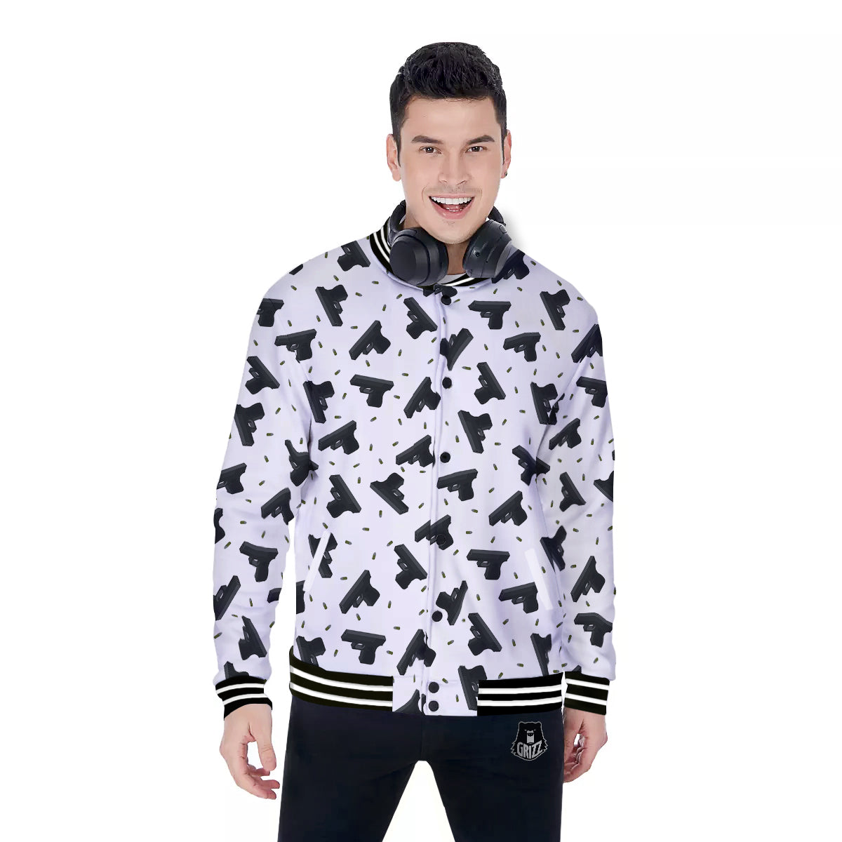 Gun Bullet White And Black Print Pattern Baseball Jacket-grizzshop