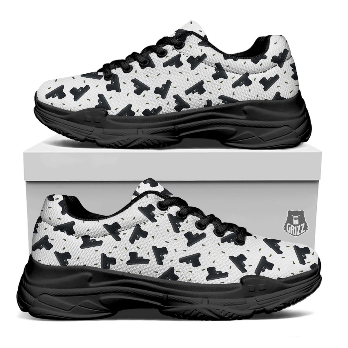 Gun Bullet White And Black Print Pattern Black Chunky Shoes-grizzshop